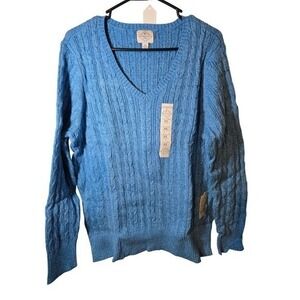 St Johns Bay Woman Classic Cable Knit V Neck Sweater Blue Marl Soft Cotton 2X
